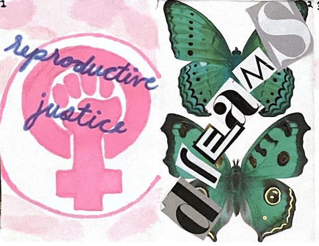 collage with butterflies that says reproductive justice dreams
