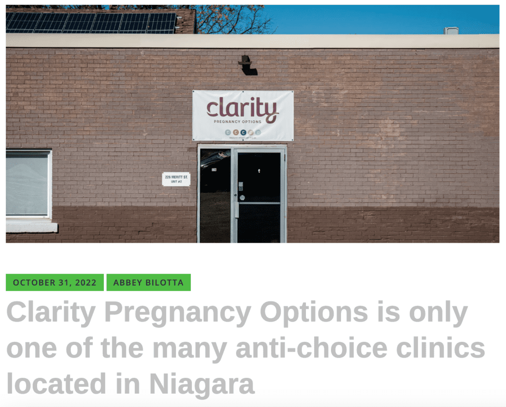 Image of brick building with Clarity logo. October 31, 2022. Abbey Bilotta. News Headline: Clarity Pregnancy Options is only one of the many anti-choice clinics located in Niagara.