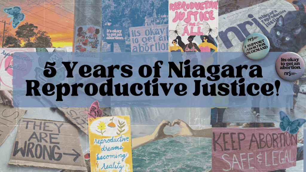 5 Years of Niagara Reproductive Justice! On background collage with pro choice images and zines